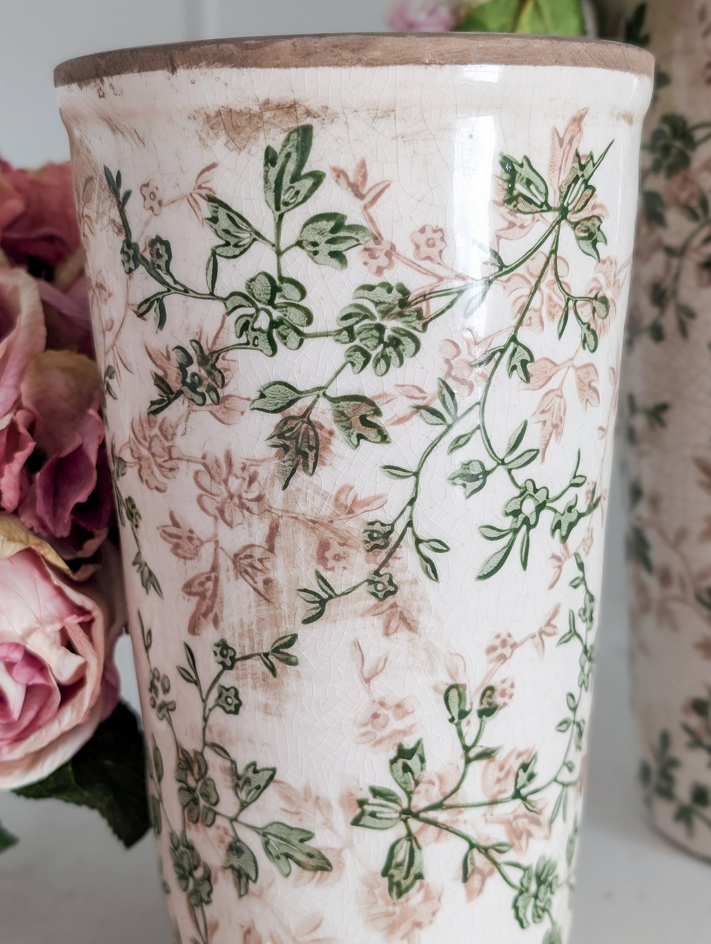 Taupe Green Floral Terracotta Vase