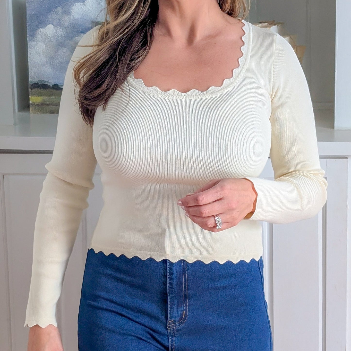 Scallop Edging Crop Sweater Top