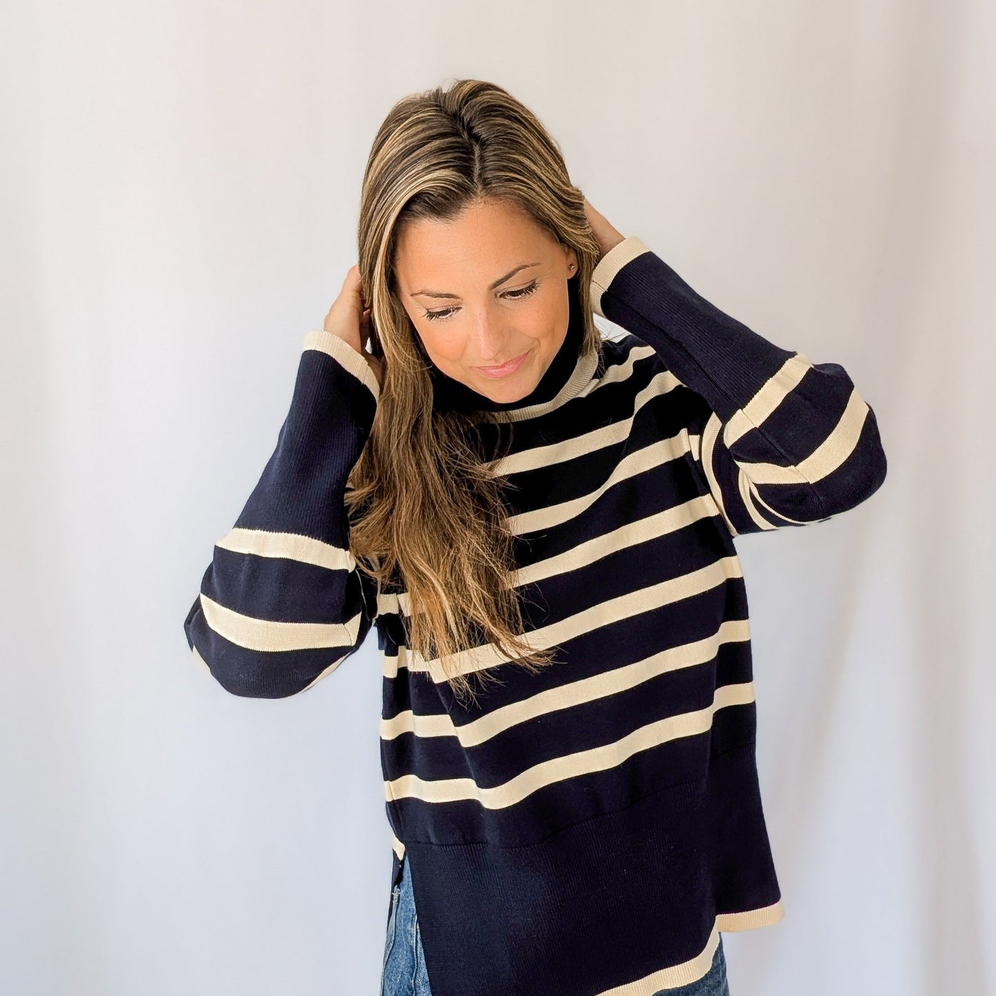 Navy Striped Mock Neck Sweater