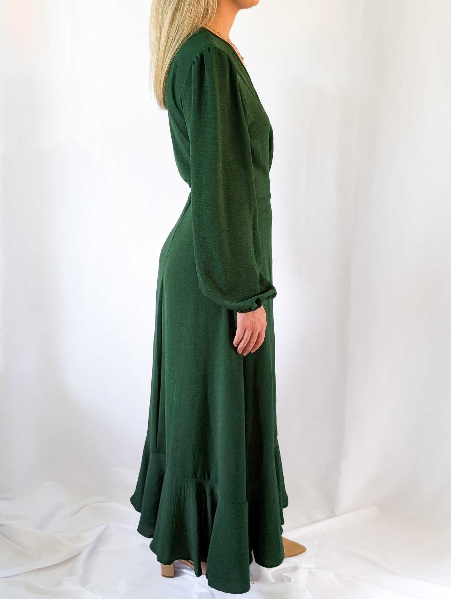 Ruffle Wrap Hunter Green Dress