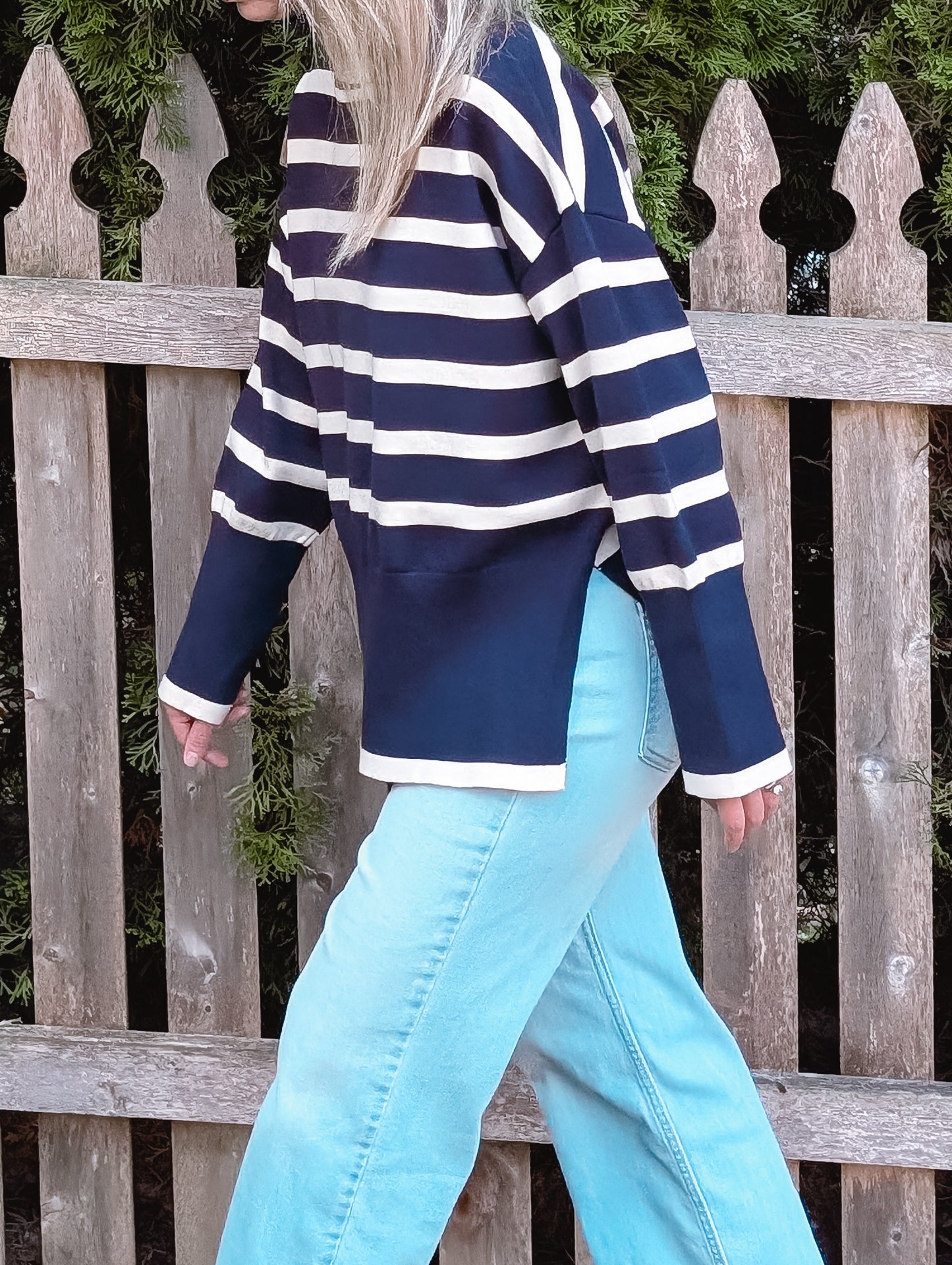 Navy Striped Mock Neck Sweater
