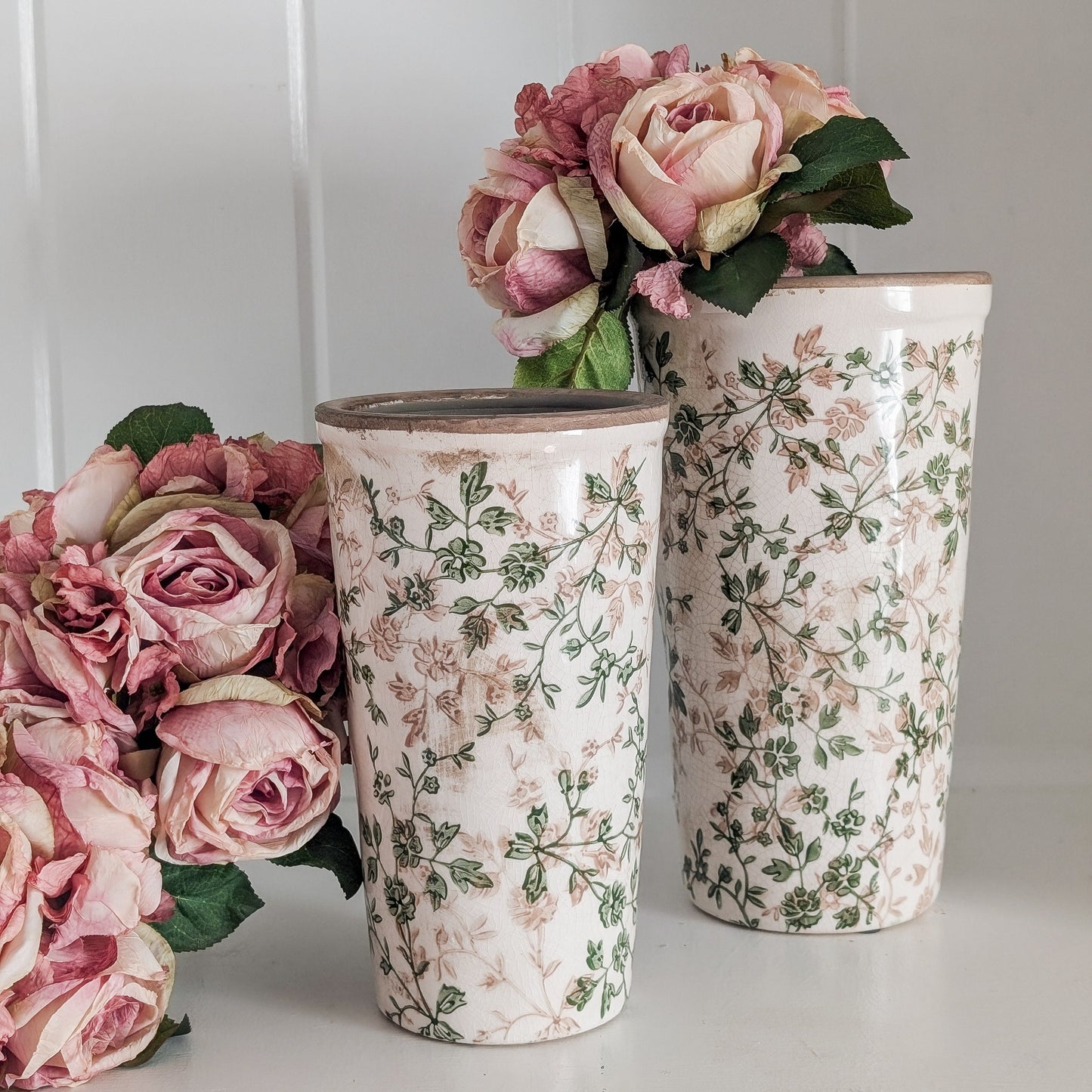 Taupe Green Floral Terracotta Vase