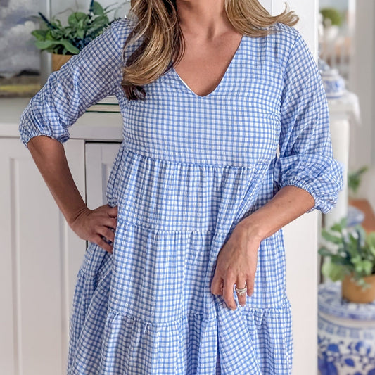 3 Tier Blue Gingham Dress