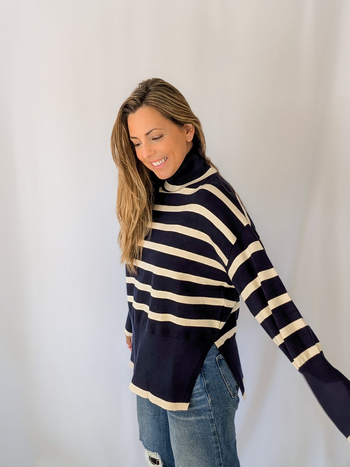 Navy Striped Mock Neck Sweater